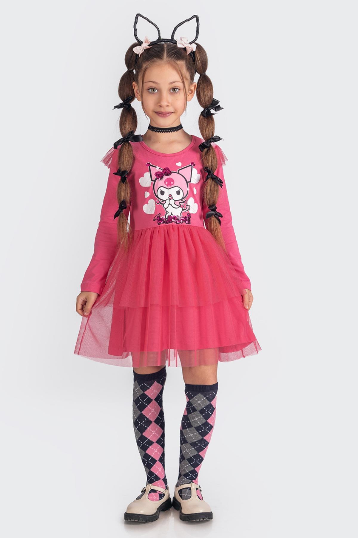 Kuromi Tül Etekli Uzun Kollu Kız Çocuk Elbisesi - Pembe