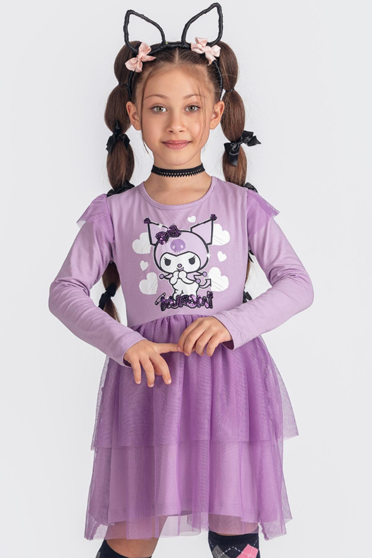 Kuromi Tül Etekli Uzun Kollu Kız Çocuk Elbisesi - Lila