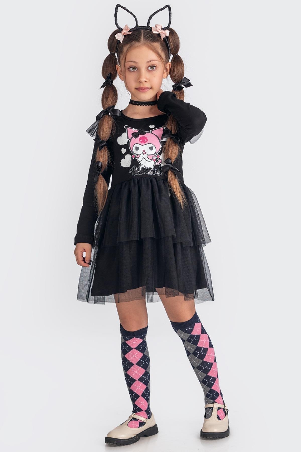 Kuromi Tül Etekli Uzun Kollu Kız Çocuk Elbisesi - Siyah