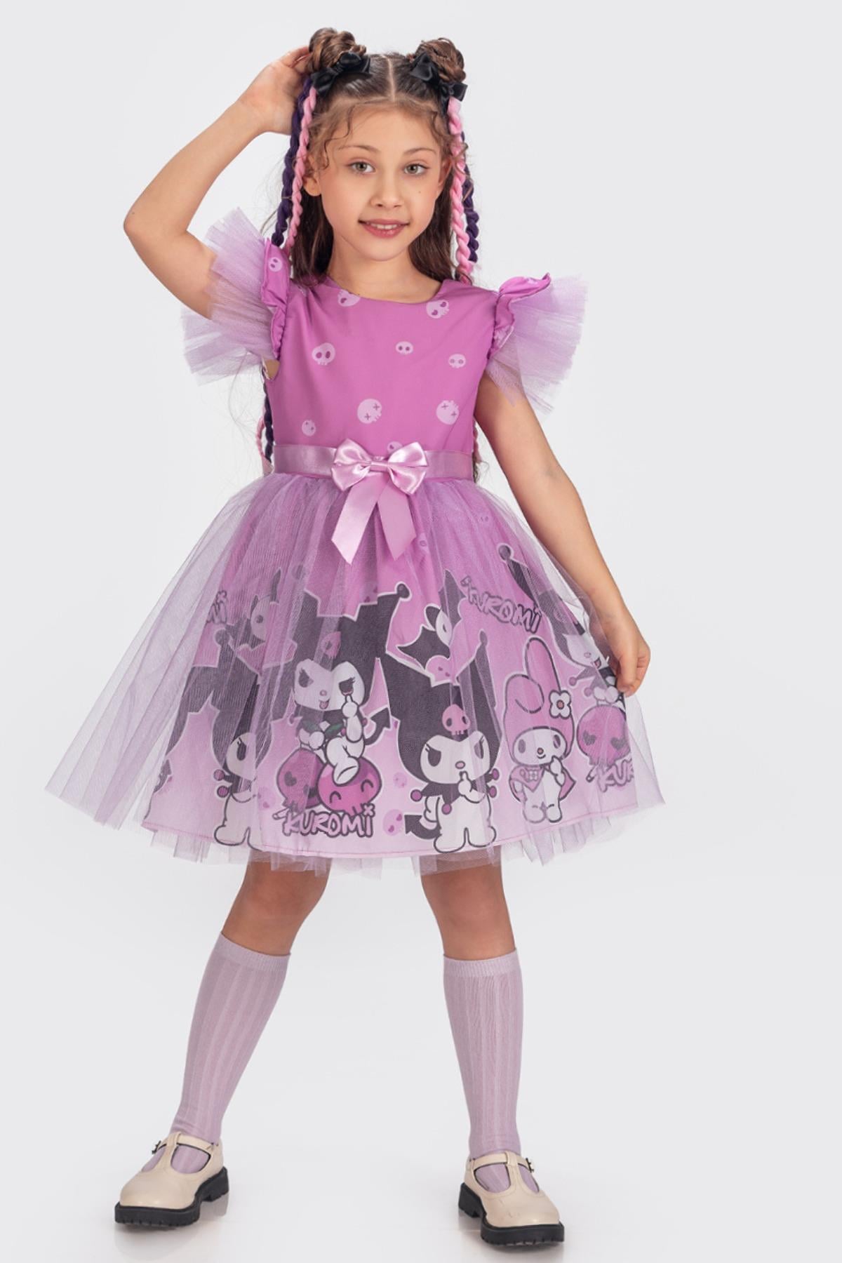 Kuromi ve My Melody Desenli Tüllü Kız Çocuk Parti Elbisesi