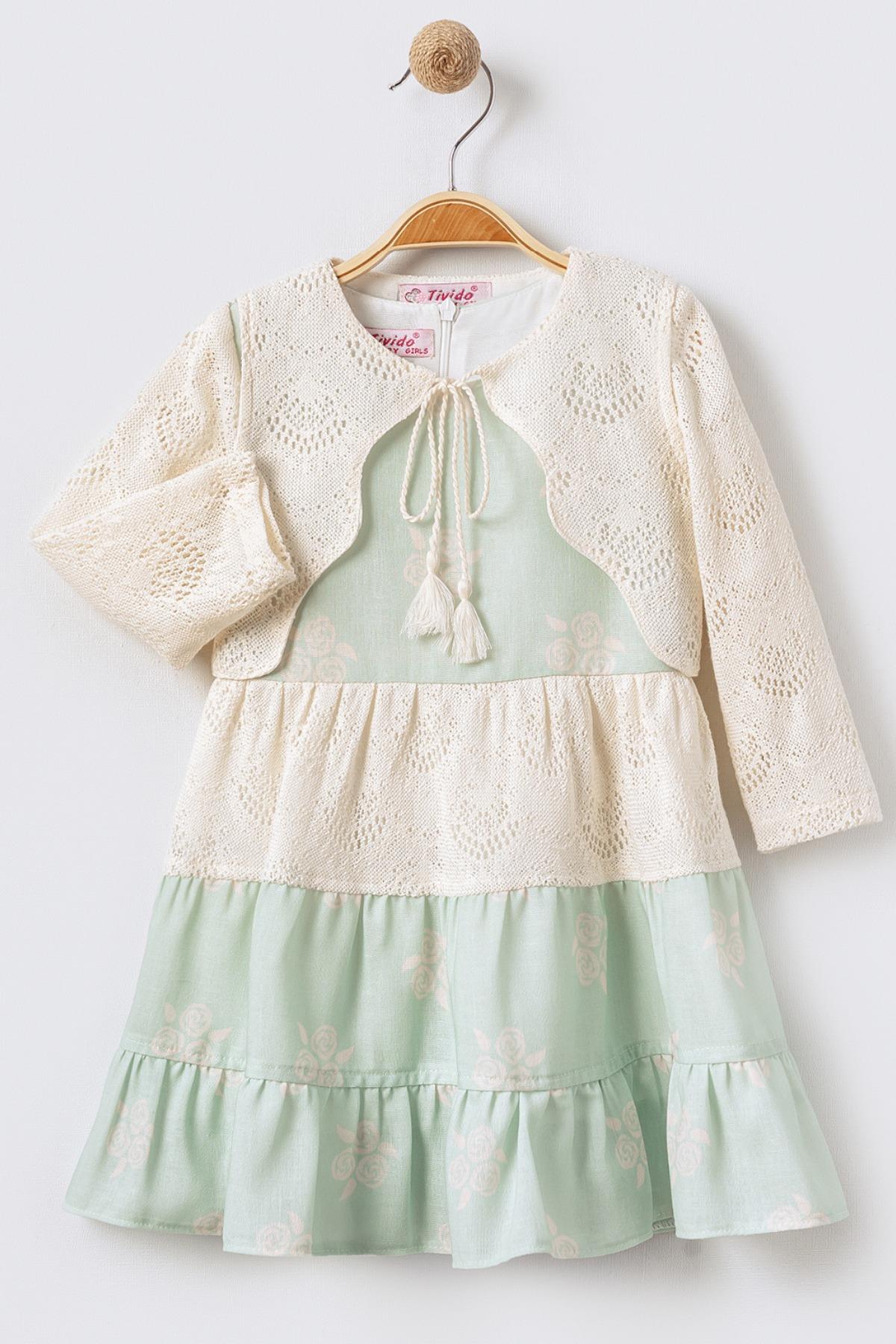 Nakış Yelekli Uzun Kollu Kız Çocuk Keten Elbise - Su Yeşili