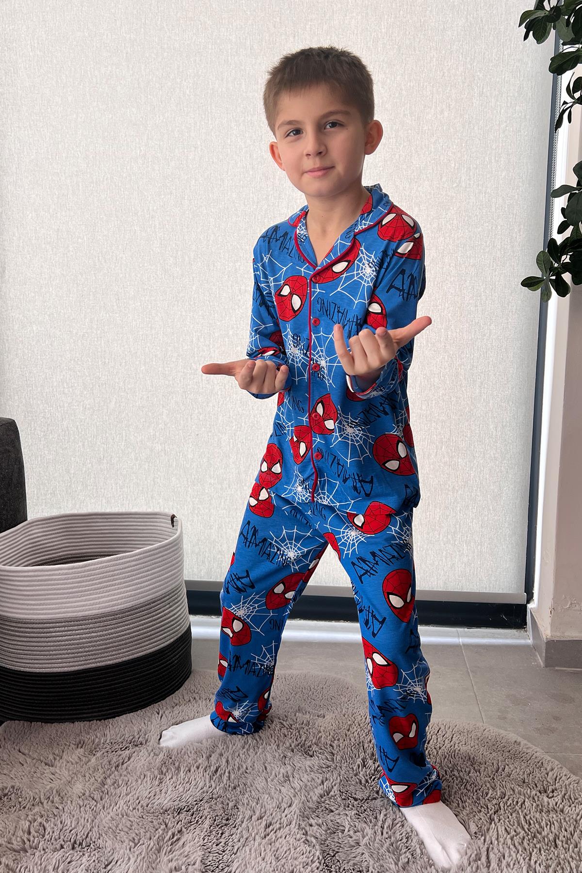 Örümcek Adam Desenli Erkek Çocuk Düğmeli Pijama Takımı - Mavi