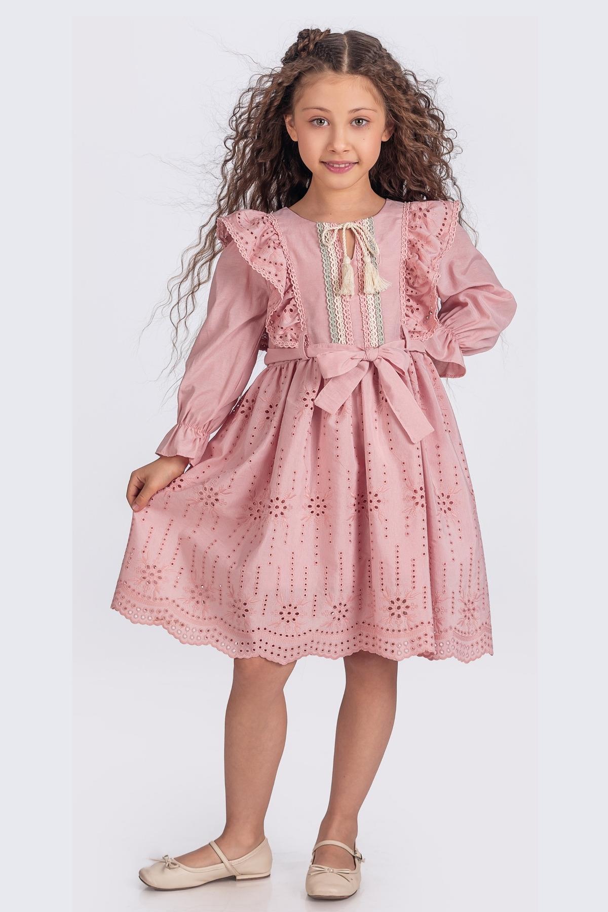 Yaka Biyeli Uzun Kollu Kız Çocuk Brode Elbise - Pudra