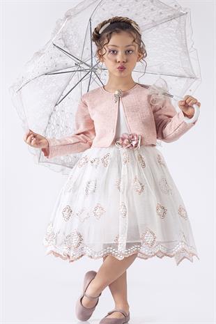 Bolerolu İşlemeli Dantel Etekli Kız Çocuk Elbisesi