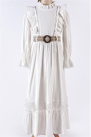 Fırfır Yakalı Boydan Kız Çocuk Elbise- Kemerli