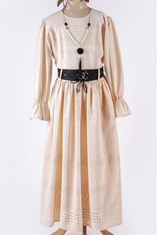 Fisto Kumaş Kemerli Boydan Kız Çocuk Elbisesi