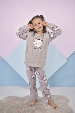 Kedi Desenli Polar Kız Çocuk Pijama Takımı