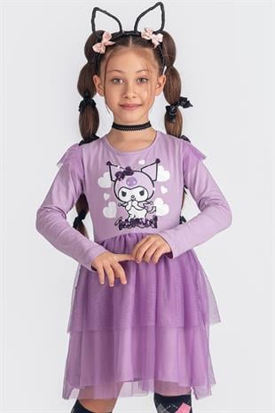 Kuromi Tül Etekli Uzun Kollu Kız Çocuk Elbisesi - Lila