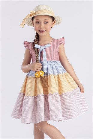 Renkli Kat Etekli Şapkalı Kız Çocuk Elbisesi