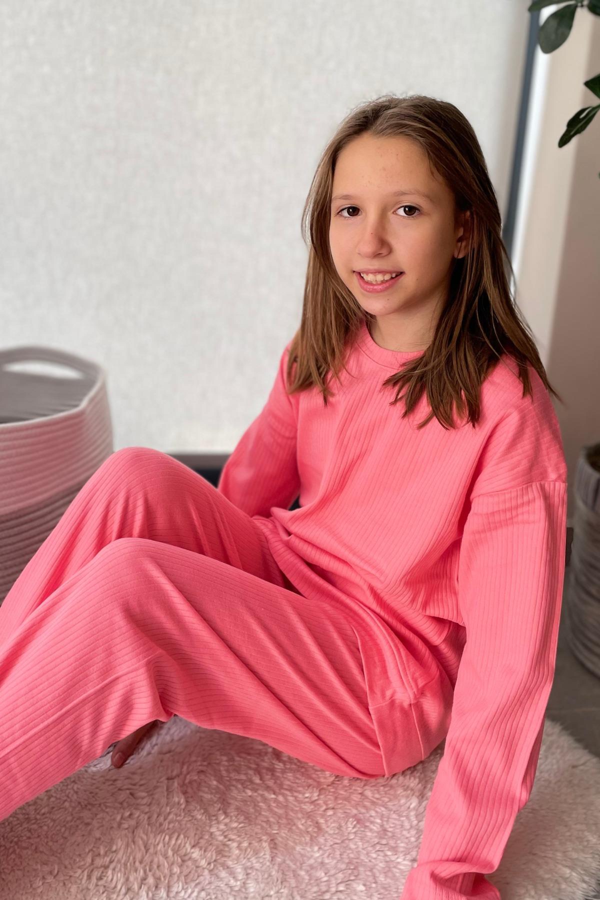  %100 Pamuk Cepli Düz Renk Fitilli Kız Çocuk Pijama Takımı  - Somon