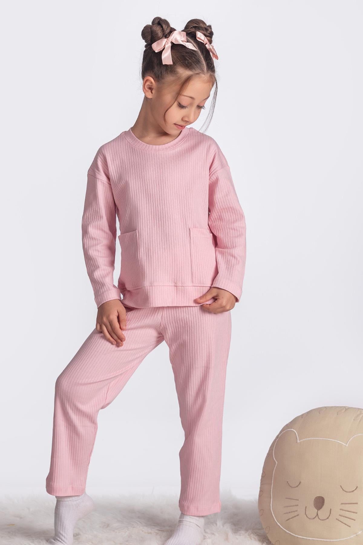  %100 Pamuk Cepli Düz Renk Fitilli Kız Çocuk Pijama Takımı  - Pembe