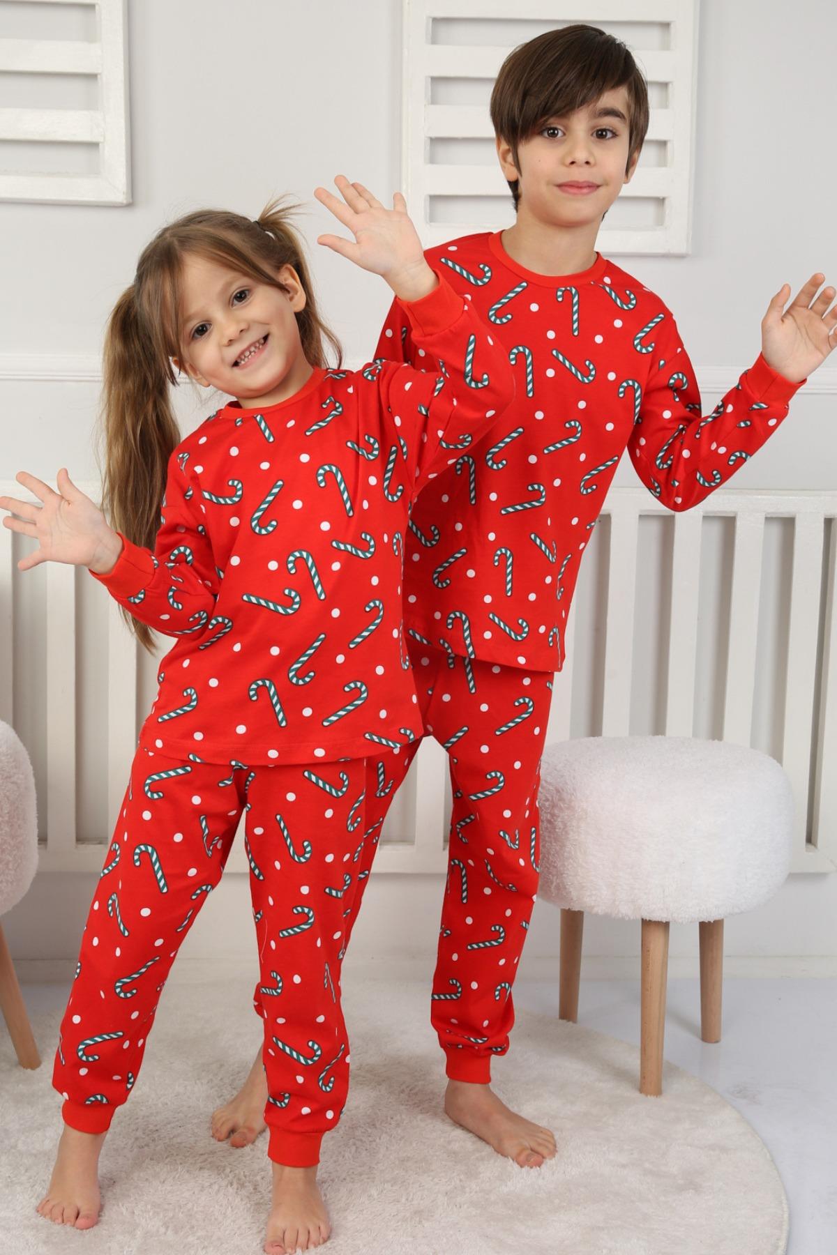 🎄 Yılbaşı Şeker Desenli %100 Pamuk Unisex Çocuk Pijama Takımı 🎄 Kırmızı