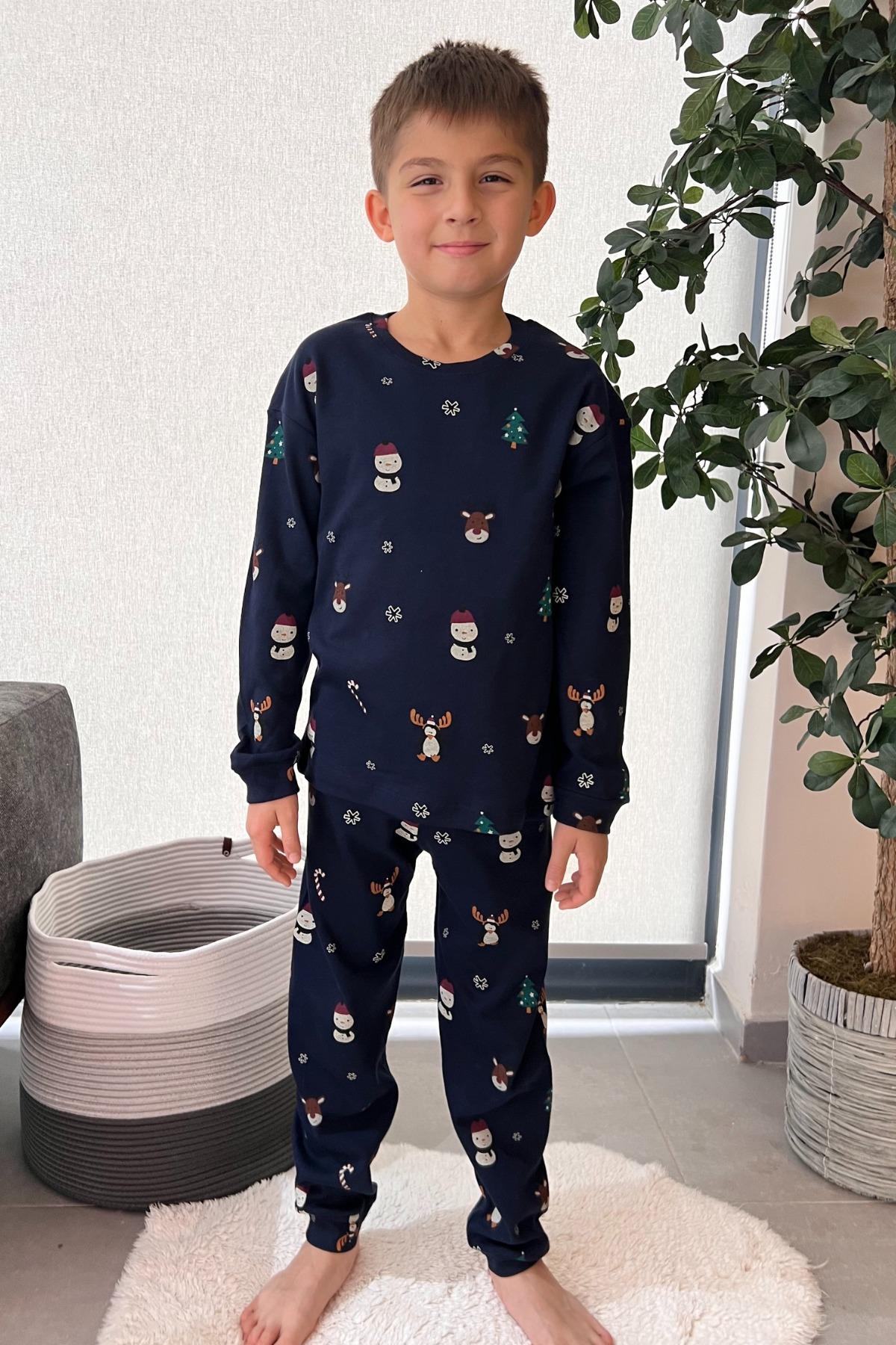 🎄 Yılbaşı Temalı %100 Pamuk Erkek Çocuk Pijama Takımı 🎄 Lacivert