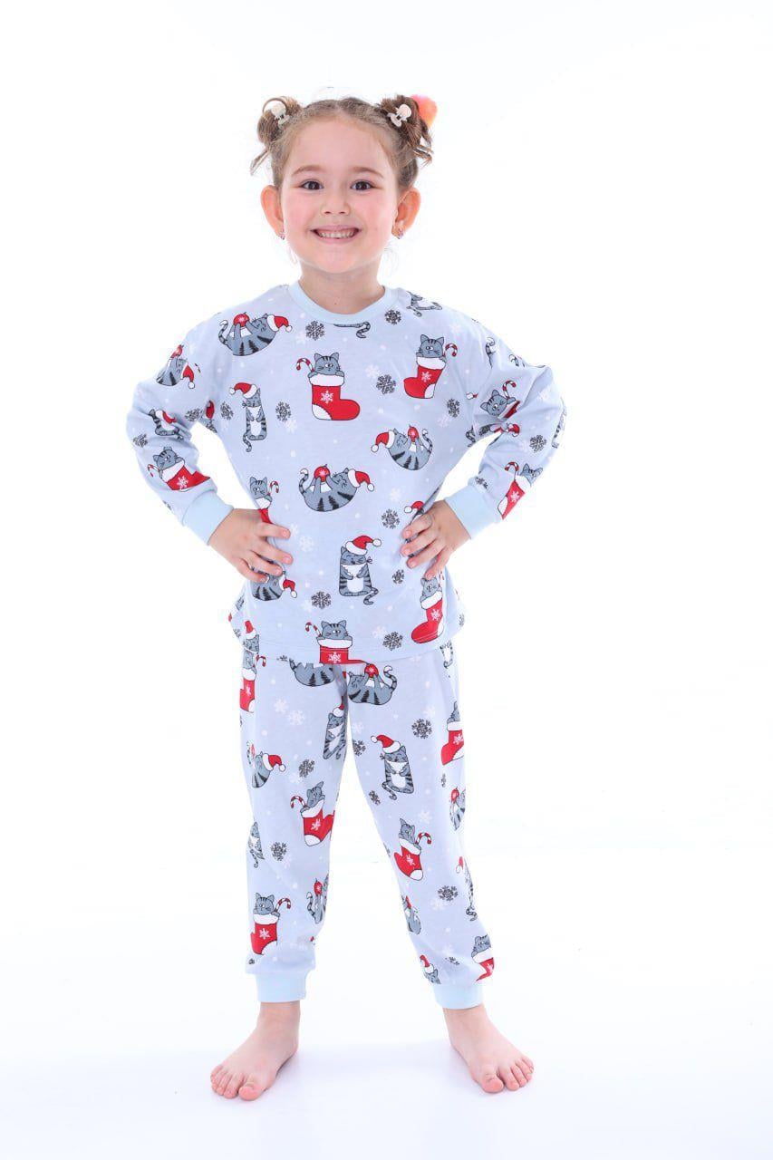 🎄 Yılbaşı Temalı %100 Pamuk Kedicik Desenli Çocuk Pijama Takımı 🎄