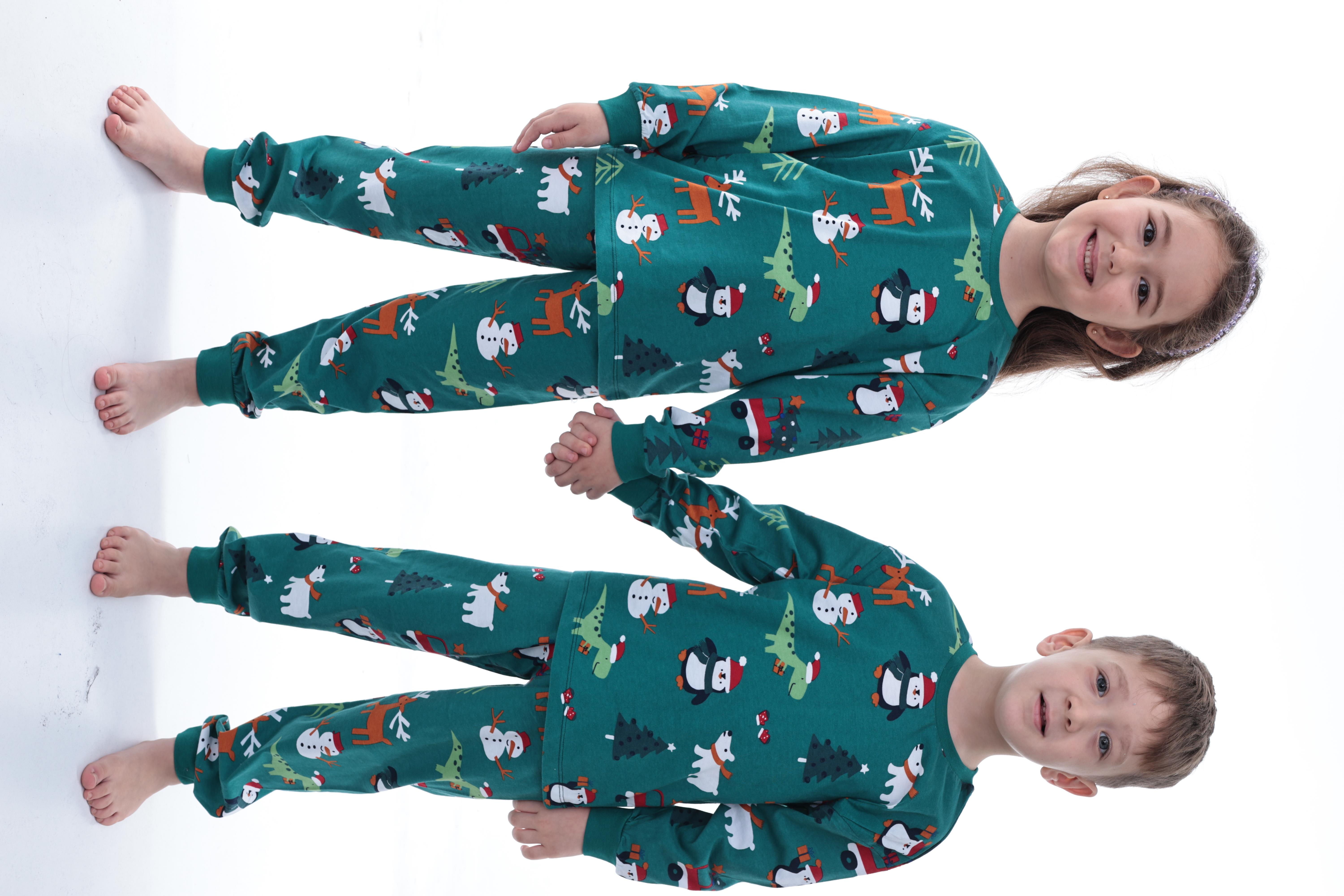 🎄 Yılbaşı Temalı %100 Pamuk Unisex Çocuk Pijama Takımı 🎄 Yeşil