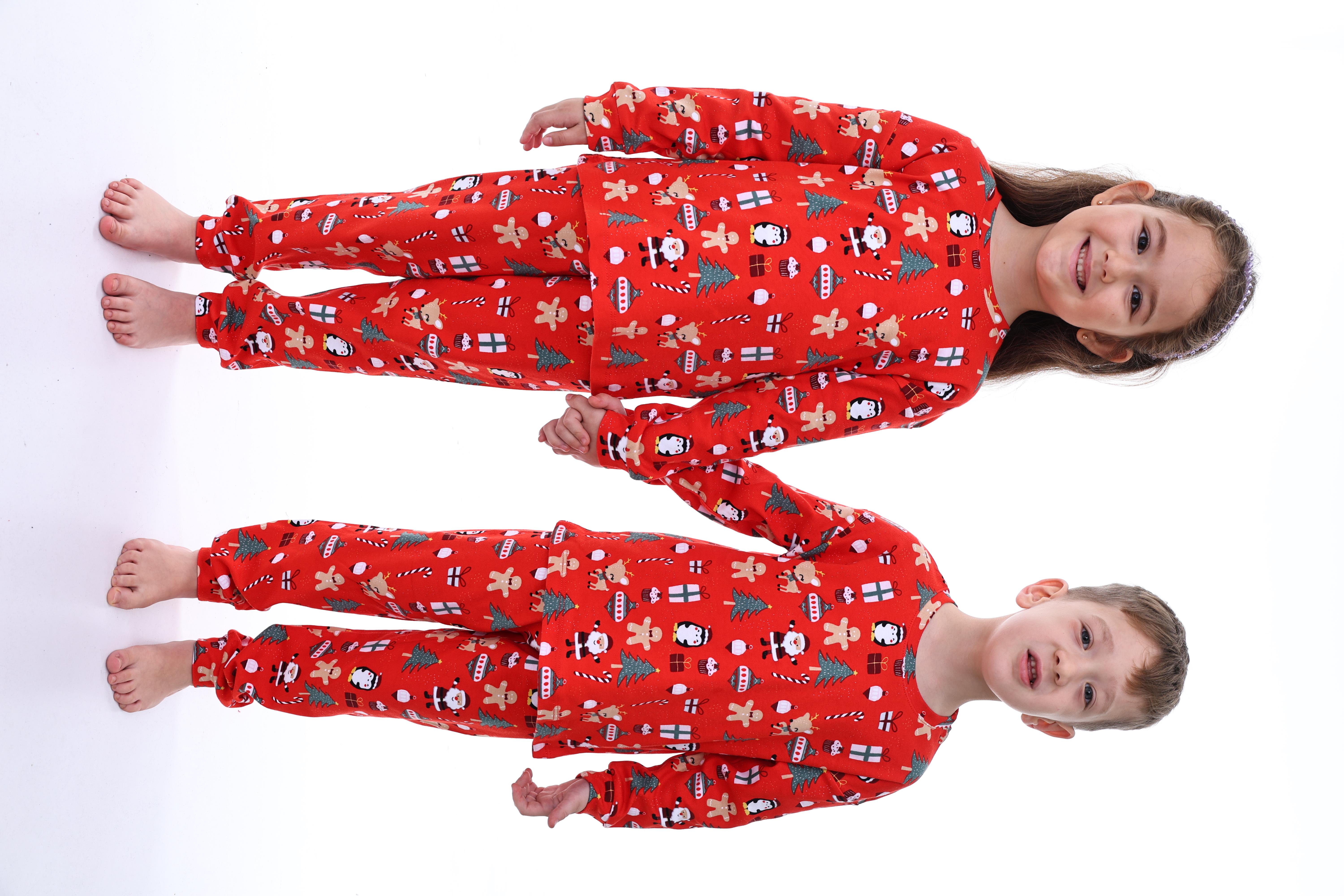 🎄 Yılbaşı Temalı %100 Pamuk Unisex Çocuk Pijama Takımı 🎄 Kırmızı
