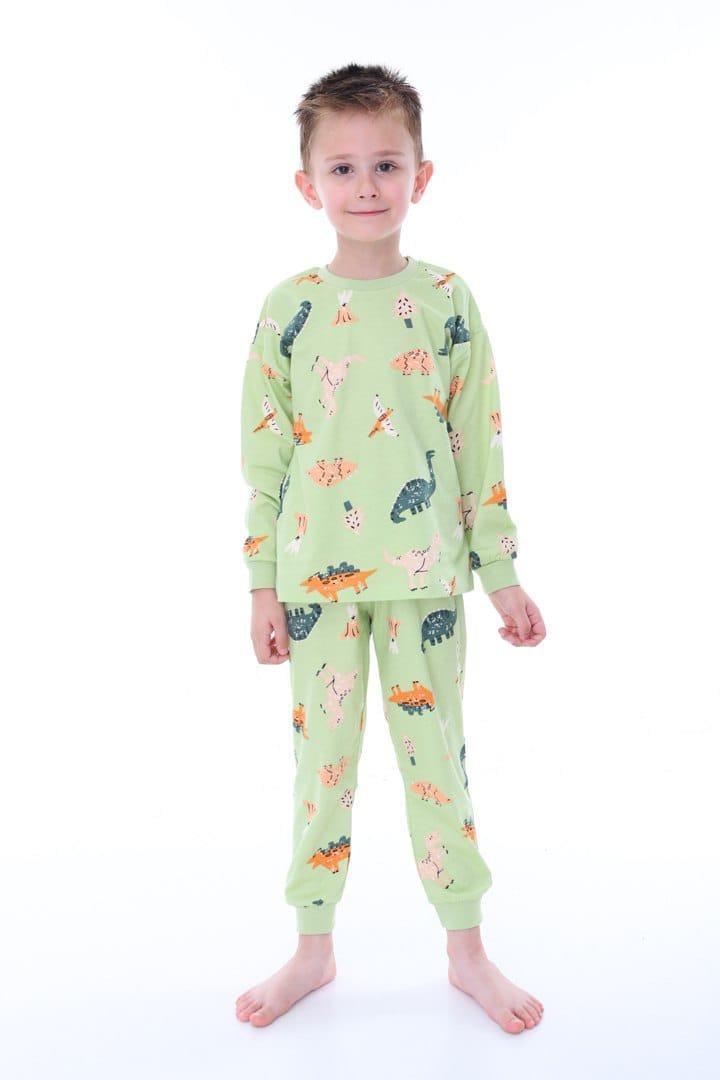 %100 Pamuk Dinozor Desenli Pamuklu Çocuk Pijama Takımı