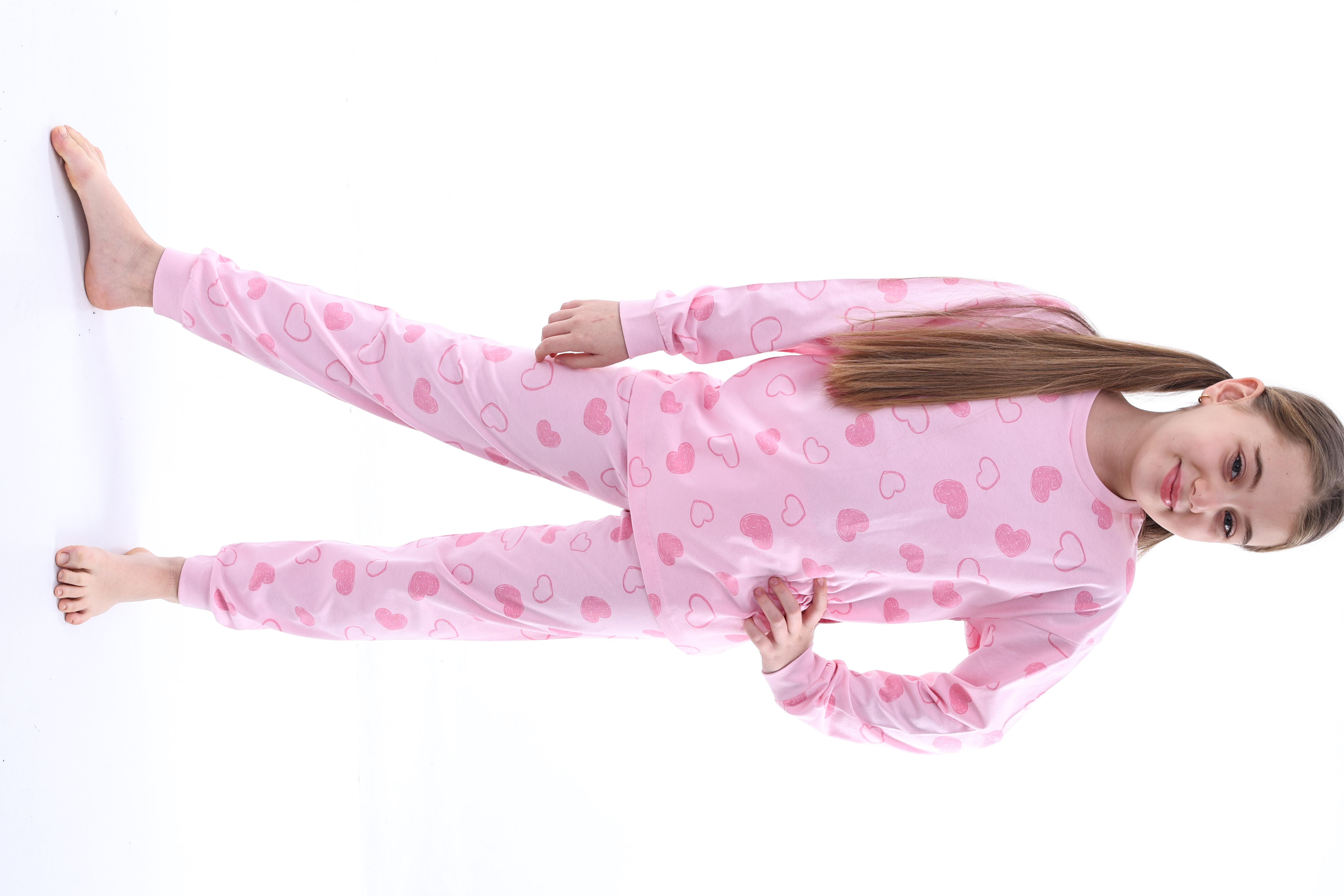 %100 Pamuk Kalp Desenli Garson Boy Kız Çocuk Pijama Takımı - Pembe