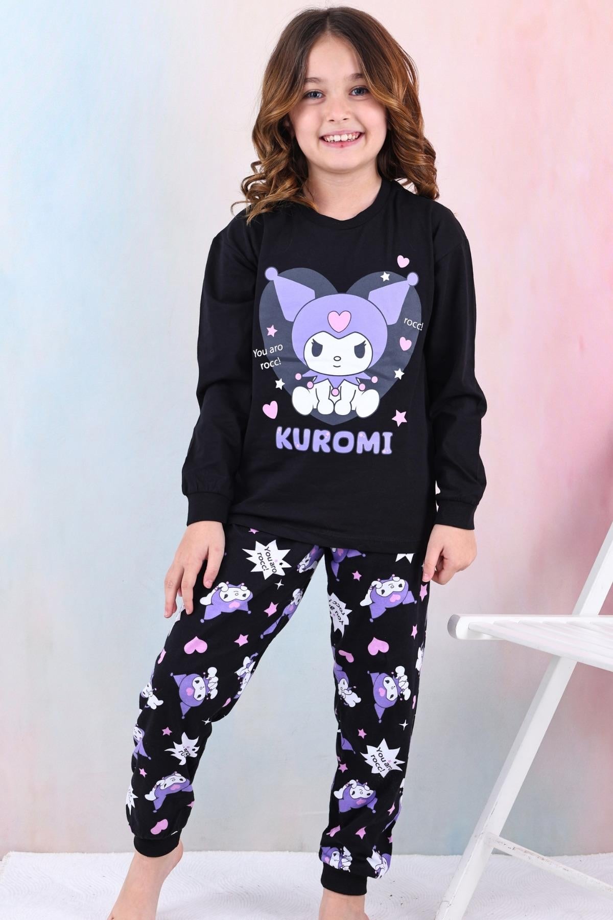 %100 Pamuk Kuromi Kız Çocuk Pijama Takımı - Siyah