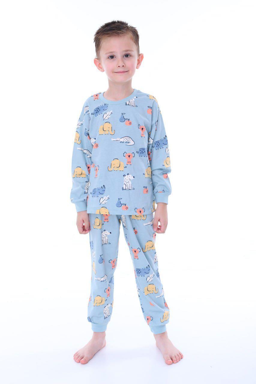 %100 Pamuk Orman Hayvanları Desenli Erkek Çocuk Pijama Takımı - Mavi
