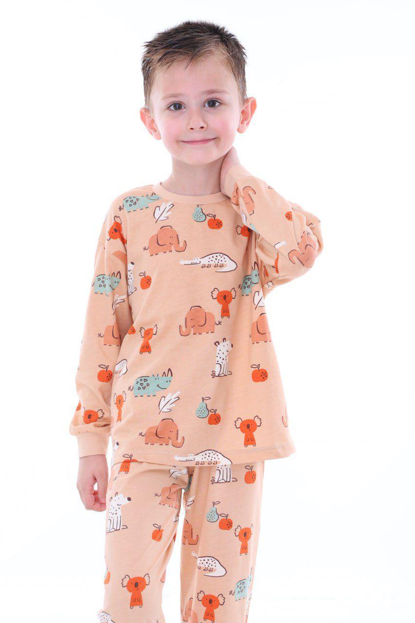 %100 Pamuk Orman Hayvanları Desenli Erkek Çocuk Pijama Takımı - Bej