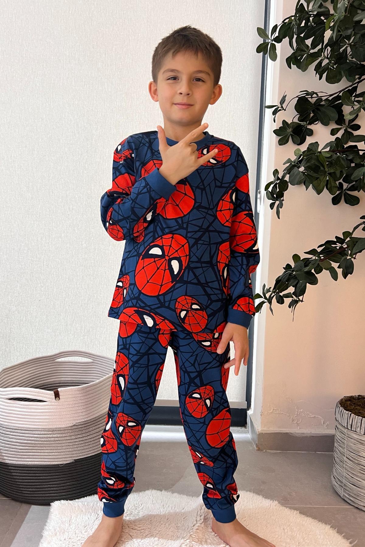 %100 Pamuk Örümcek Adam Desenli Erkek Çocuk Pijama Takımı - Lacivert