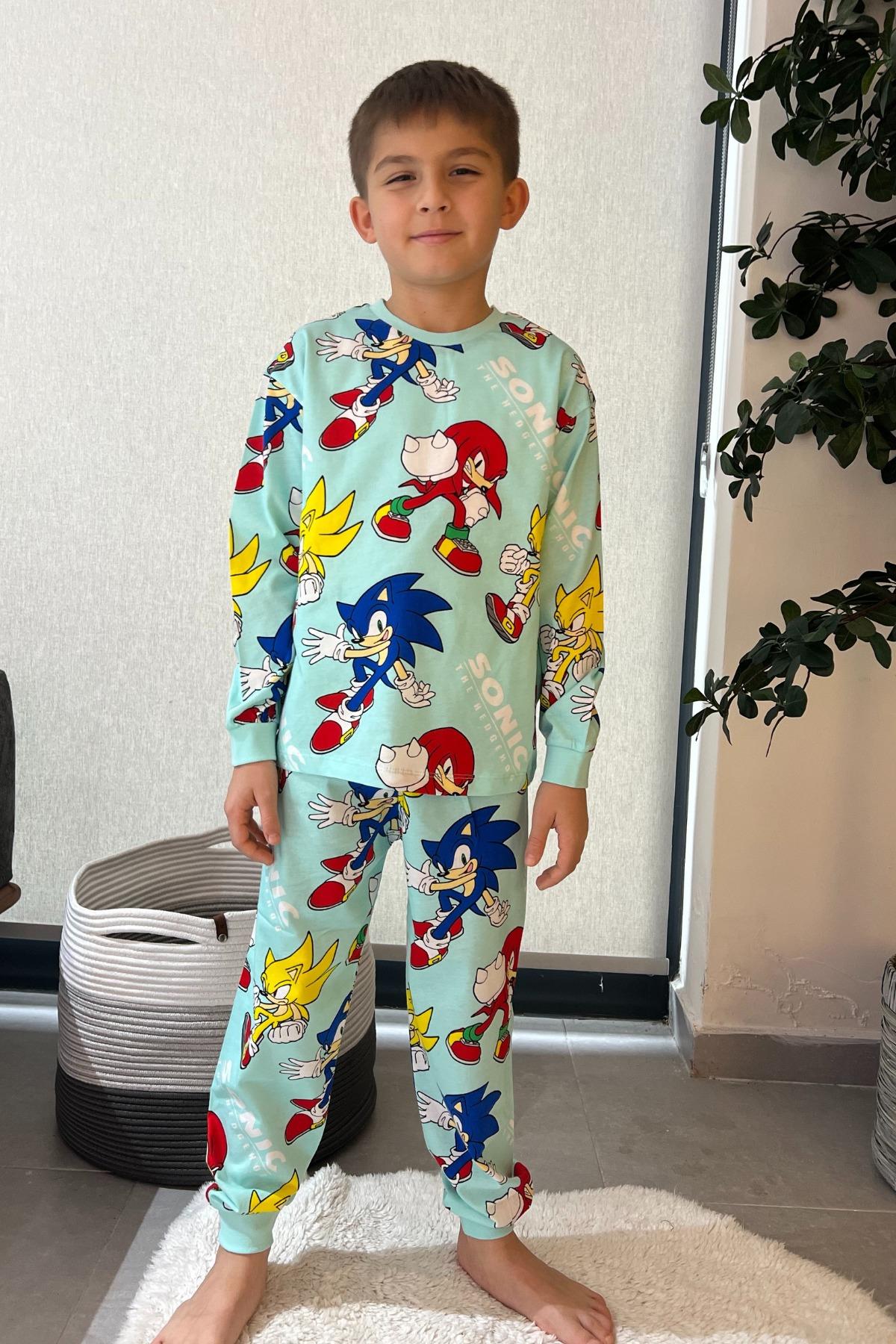 %100 Pamuk Sonic The Hedgehog Desenli Erkek Çocuk Pijama Takımı - Turkuaz