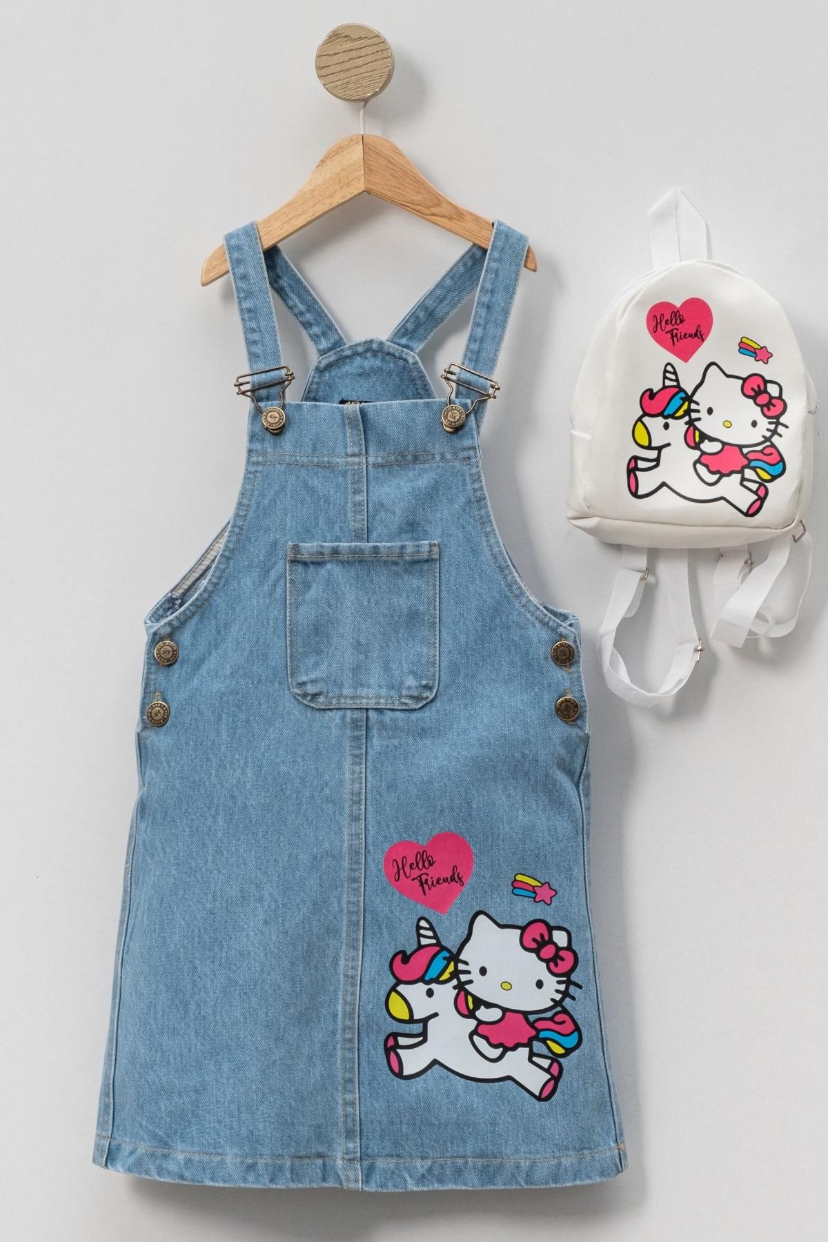 Çantalı Hello Kitty & Unicorn Desenli Kız Çocuk Kot Jile Elbise
