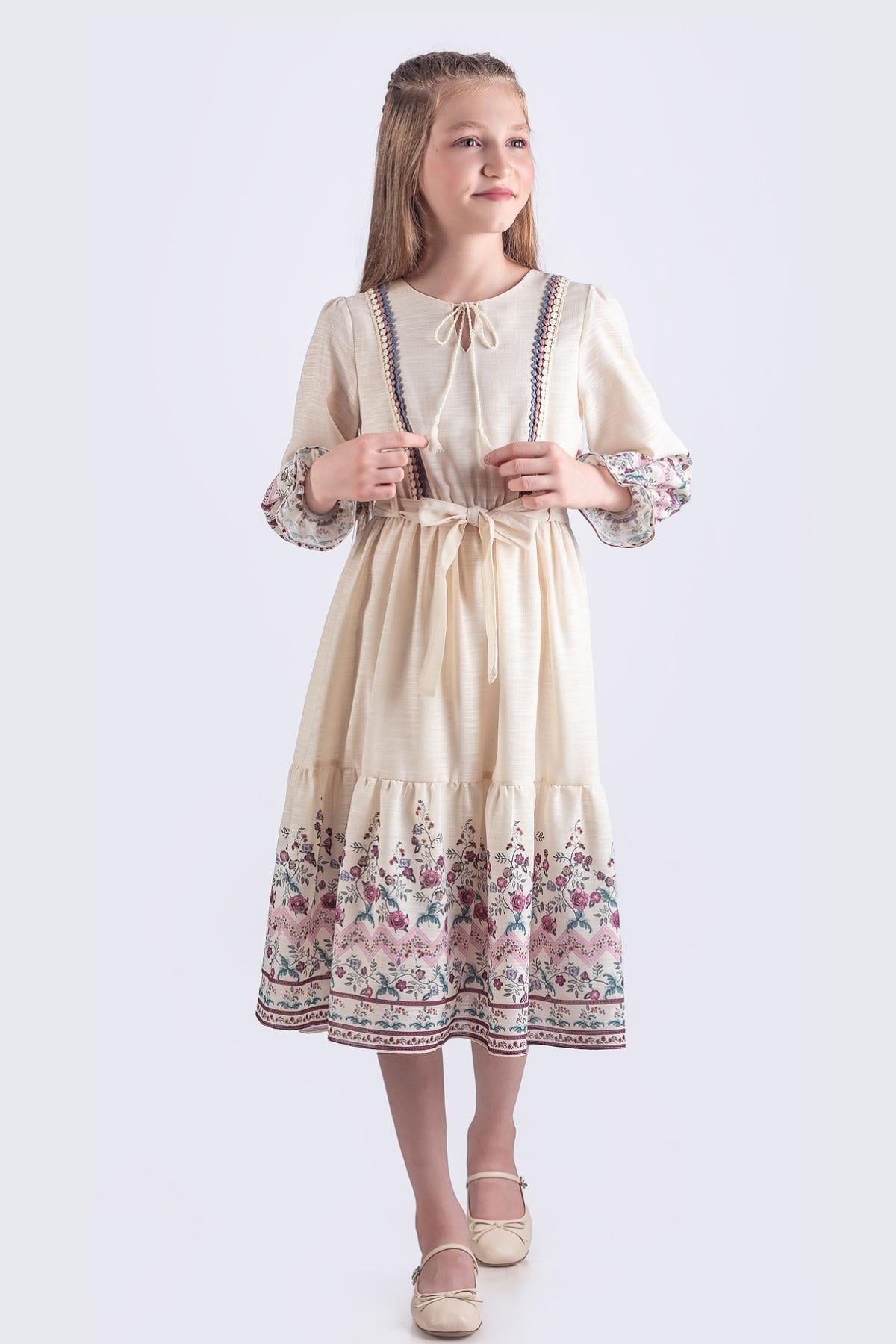 Çiçek Desenli Uzun Kollu Vintage Kız Çocuk Elbisesi - Pembe