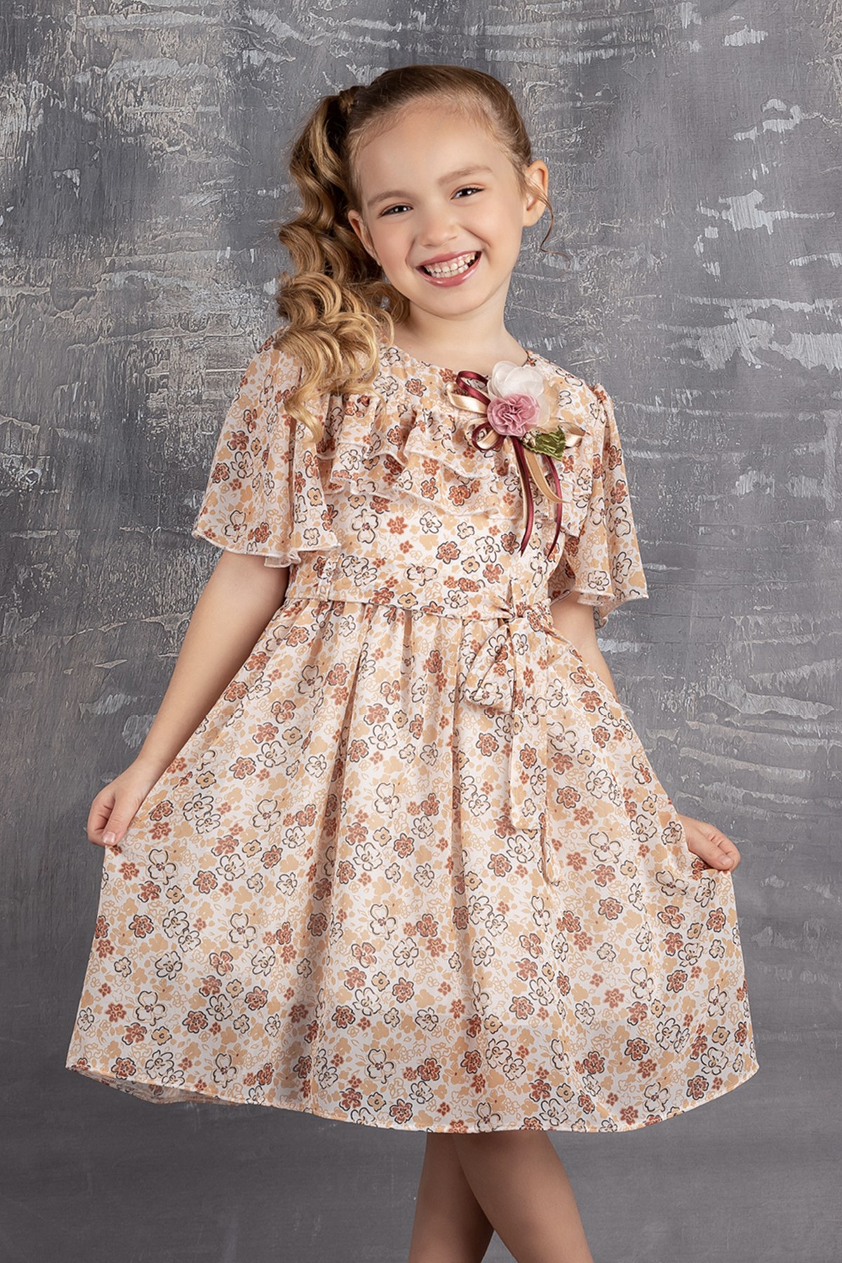 Çiçekli Kız Çocuk Şifon Elbise
