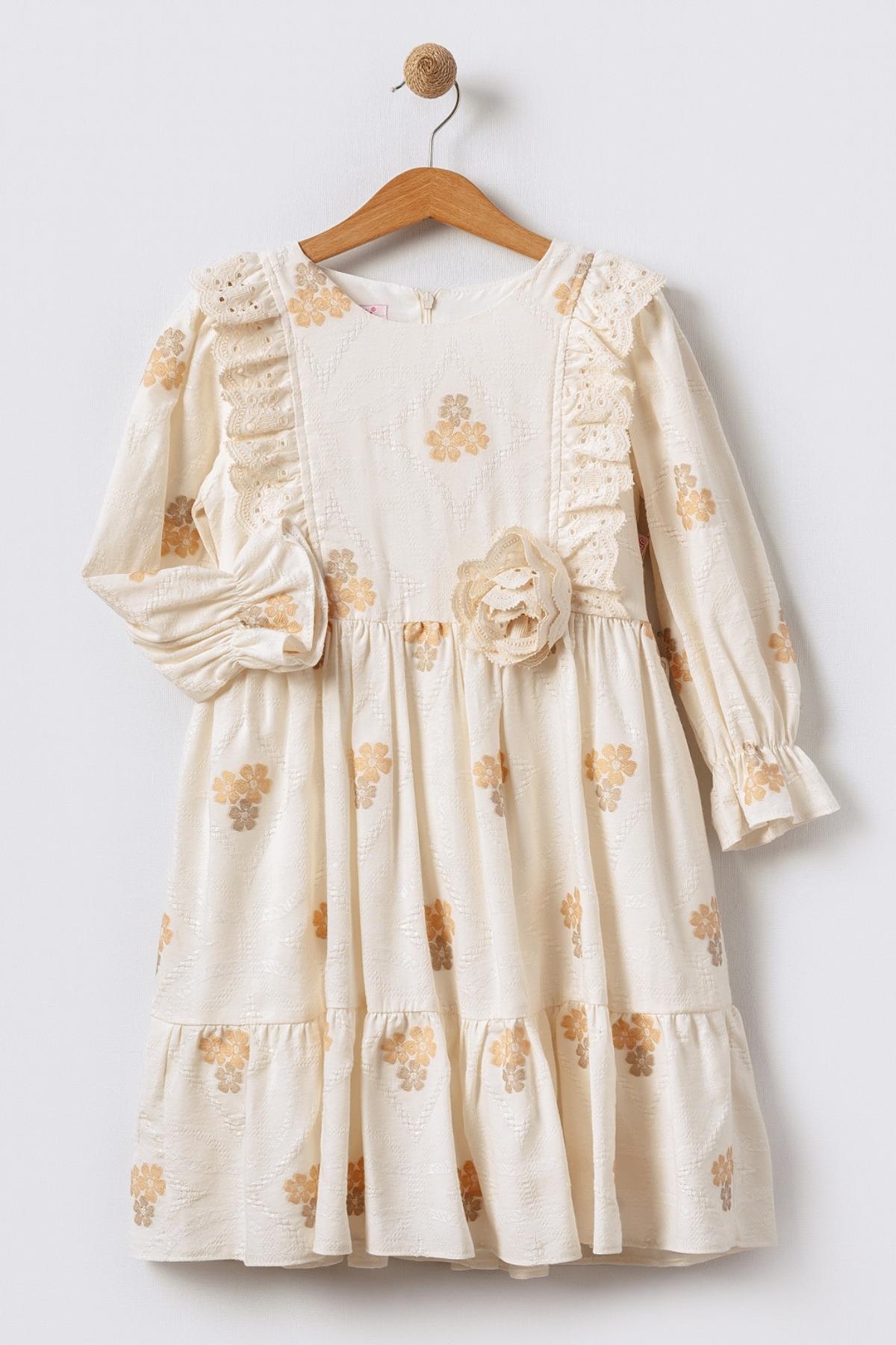 Dantel Detaylı Çiçekli Uzun Kollu Kız Çocuk Elbise - Bej