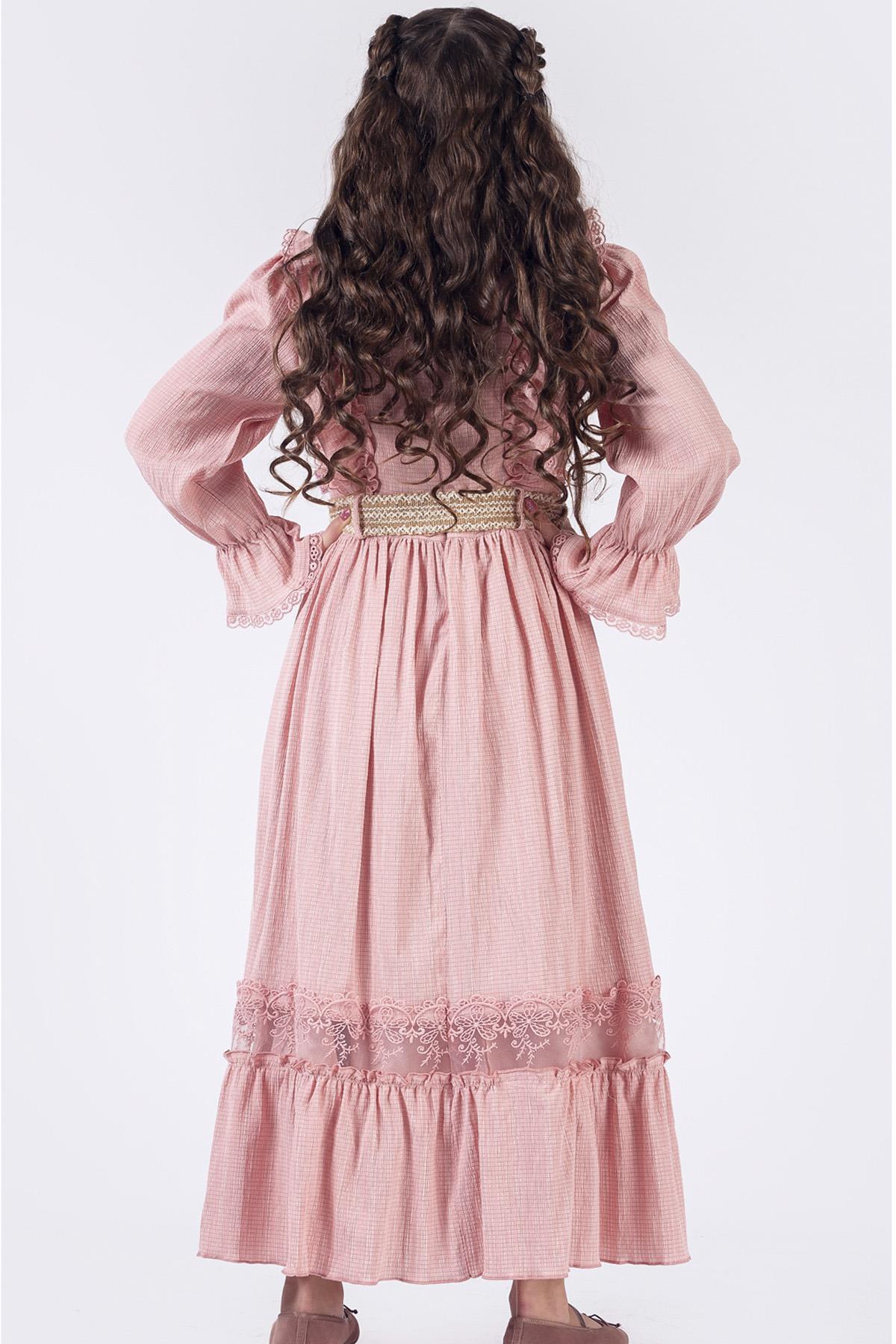 Fırfır Yakalı Boydan Kız Çocuk Elbise- Kemerli