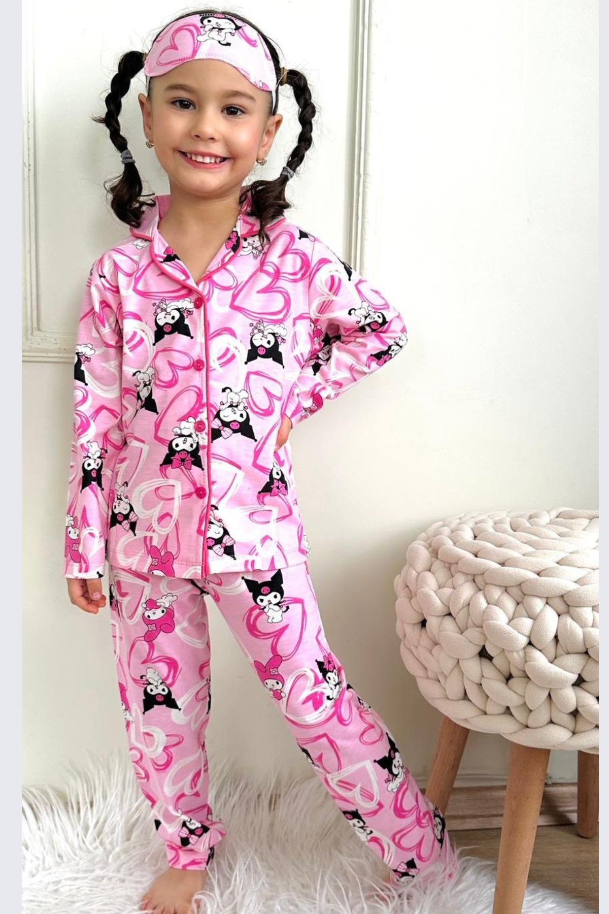 Kuromi Kedi Desenli Kız Çocuk Pijama Takımı - Pembe