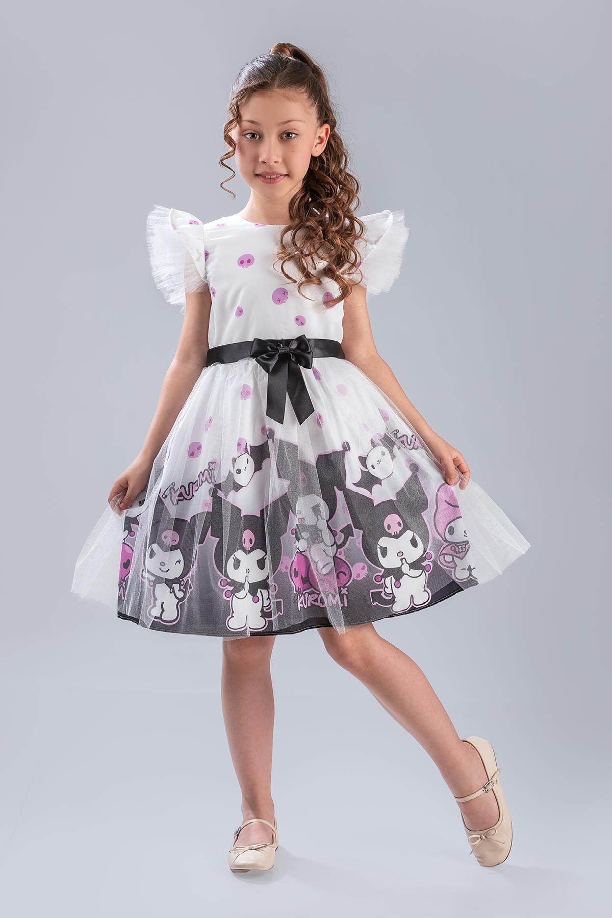 Kuromi ve My Melody Desenli Siyah Tüllü Kız Çocuk Parti Elbisesi - Beyaz