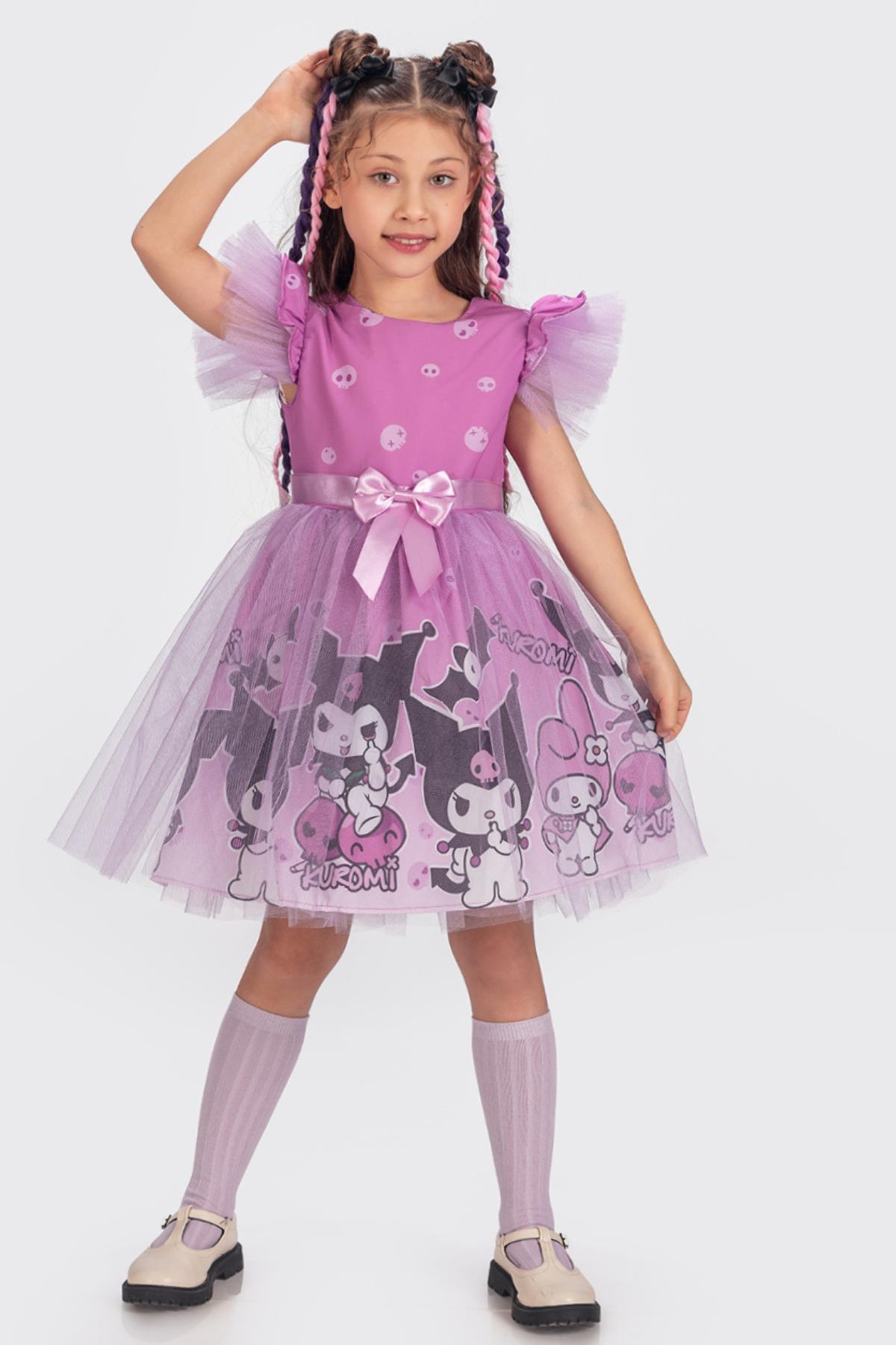 Kuromi ve My Melody Desenli Tüllü Kız Çocuk Parti Elbisesi