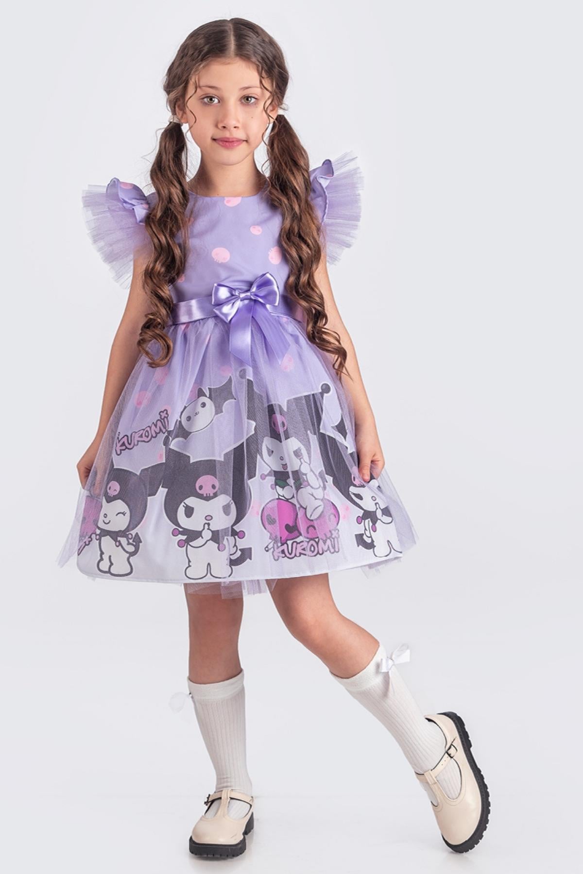 Kuromi ve My Melody Desenli Tüllü Kız Çocuk Parti Elbisesi - Lila