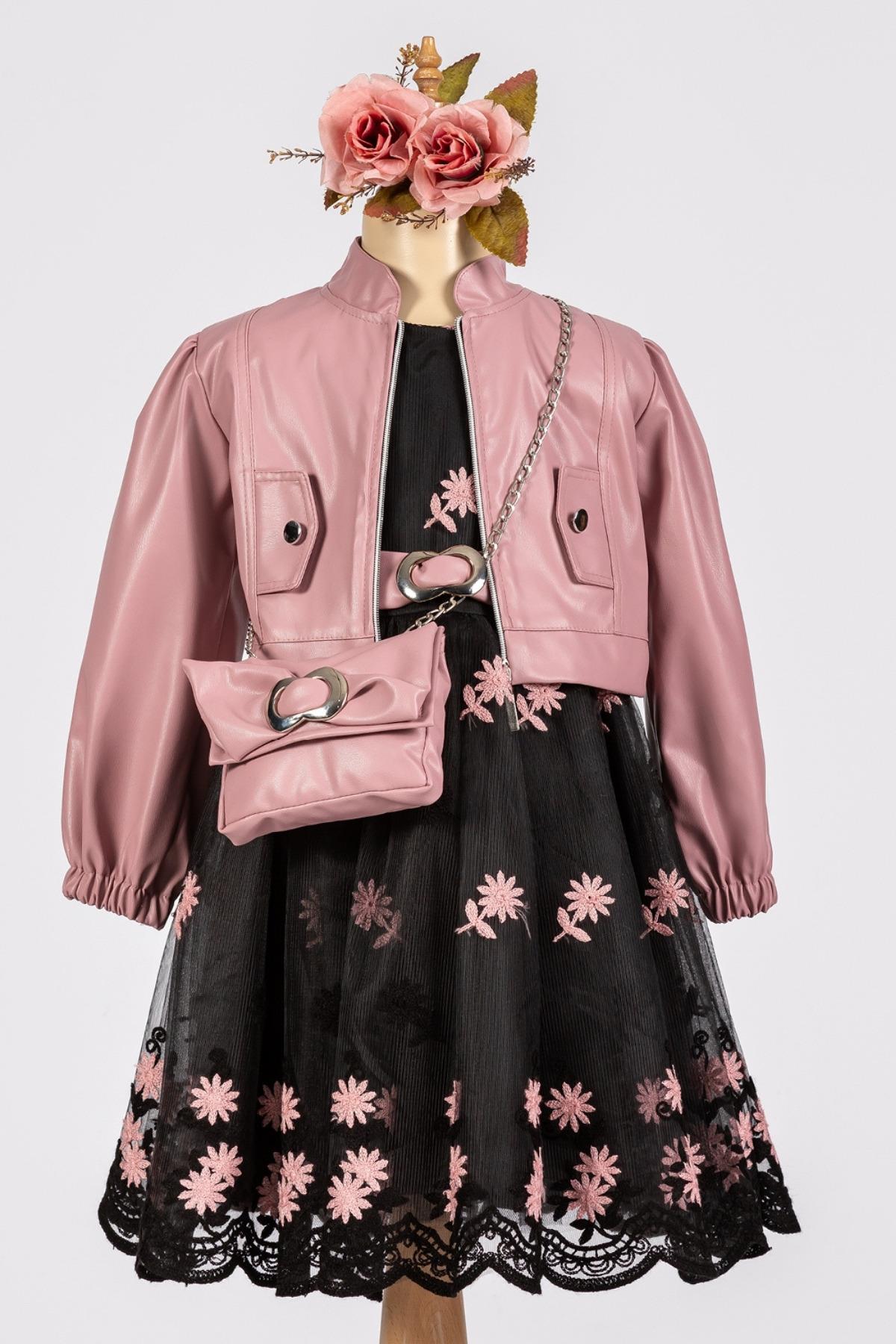 Pembe Deri Çeketli Çantalı Siyah Kız Çocuk Abiye Elbise