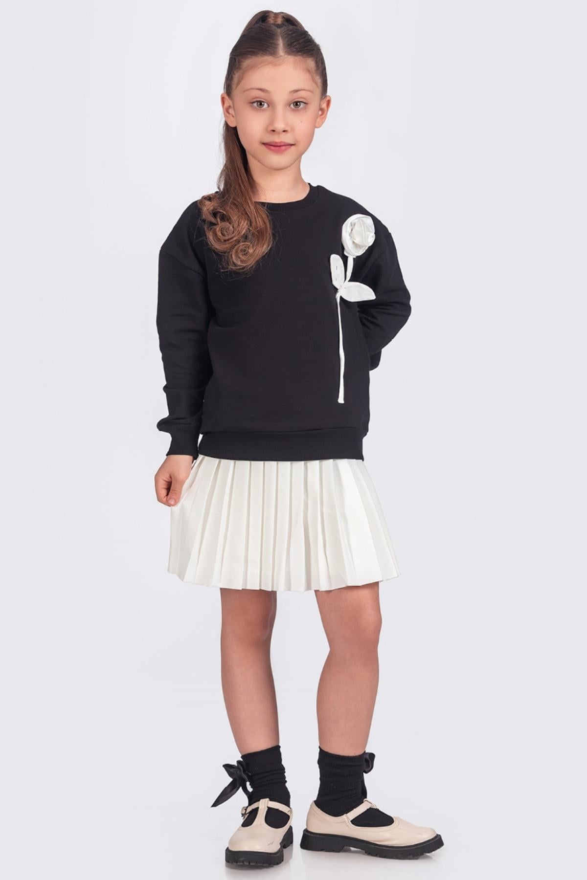 Pileli Şort Etek & Gül Dekorlu Sweatshirt Kız Çocuk Takım - Siyah