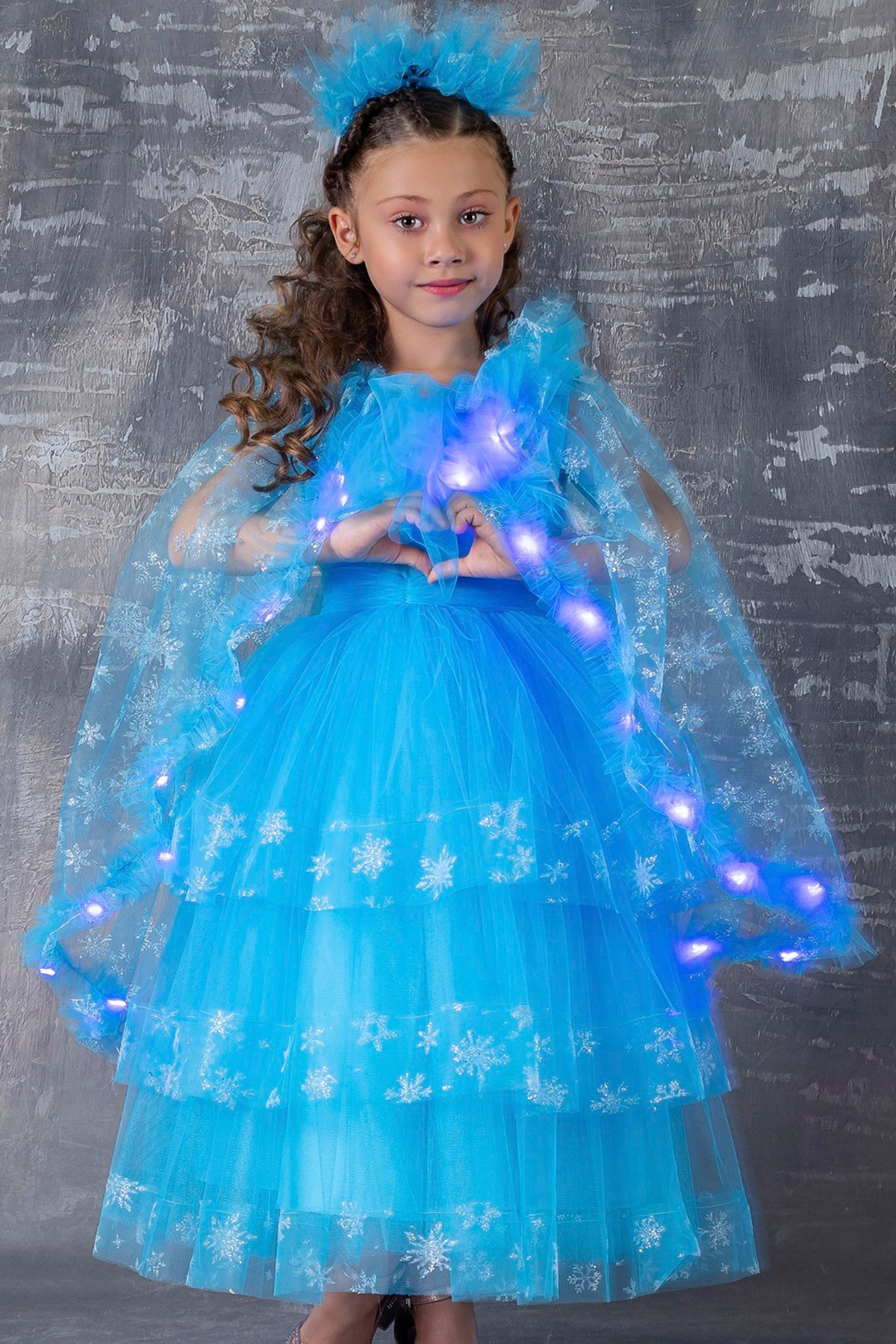 Tül Pelerinli Işıklı Elsa Kostümü