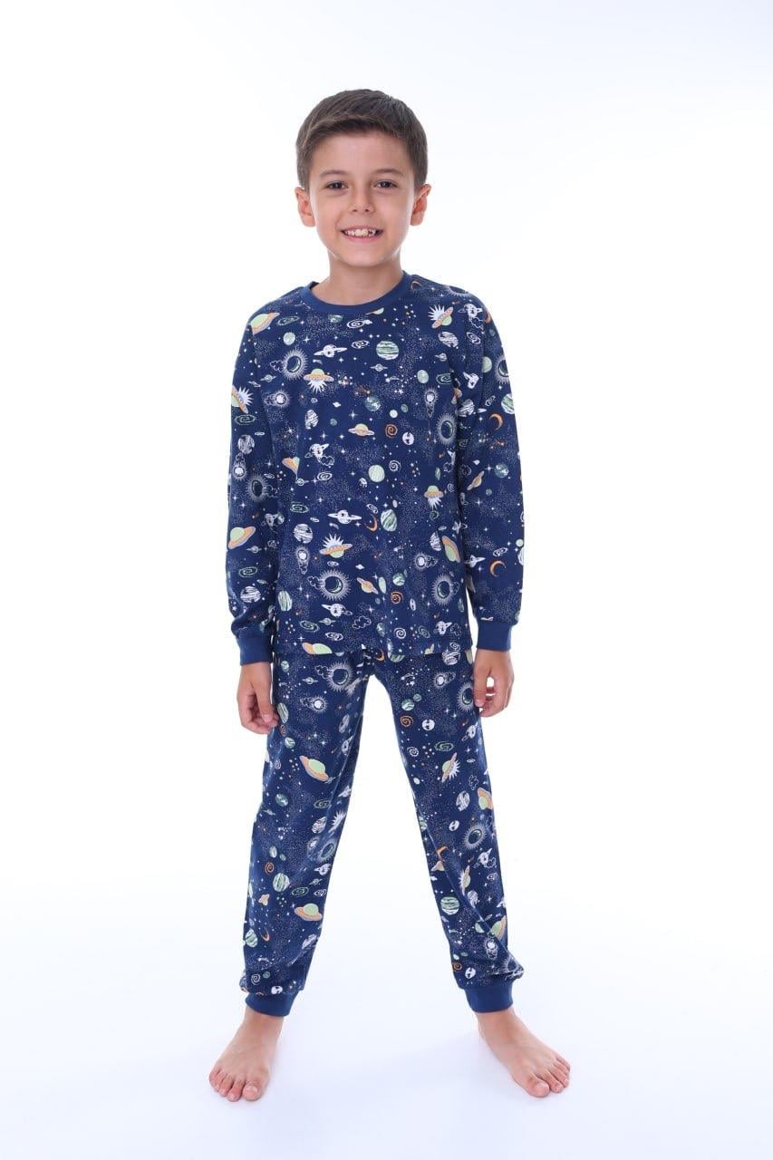 Uzay Temalı Astronot ve Gezegen Desenli Pamuklu Çocuk Pijama Takımı