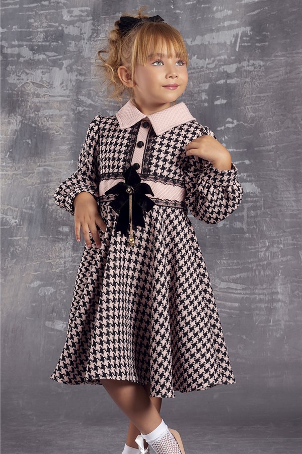 Ekose Desenli Yakalı Kışlık Kız Çocuk Elbisesi