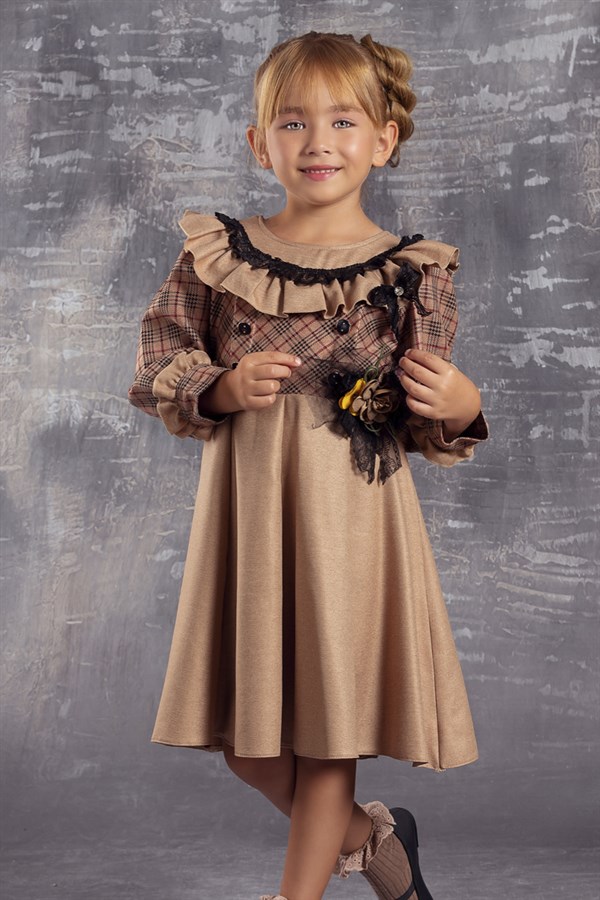 Fırfır Yakalı Ekose Desenli Kışlık Kız Çocuk Elbise