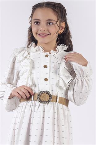 Fırfır Yakalı Kemerli Boydan Kız Çocuk Elbisesi