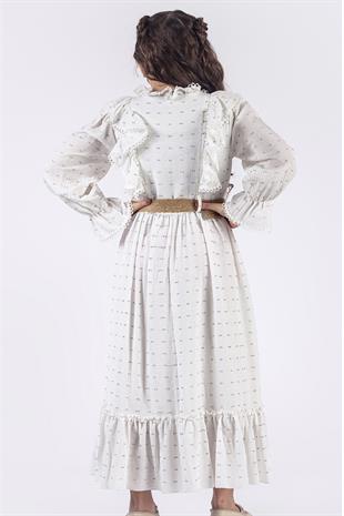 Fırfır Yakalı Kemerli Boydan Kız Çocuk Elbisesi