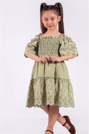 Kısa Geniş Kollu Fisto Kumaş Kız Çocuk Elbisesi