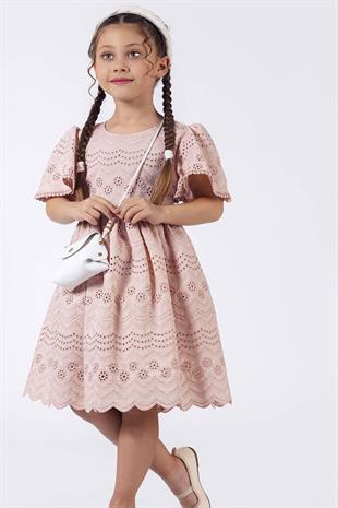 Kısa Geniş Kollu Fisto Kumaş Kız Çocuk Elbise-Çantalı