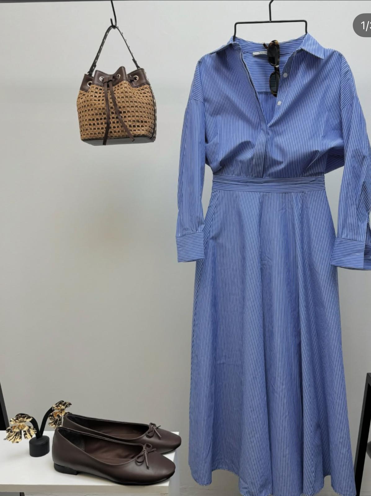 KEMER DETAY MAVİ ÇİZGİLİ ELBİSE