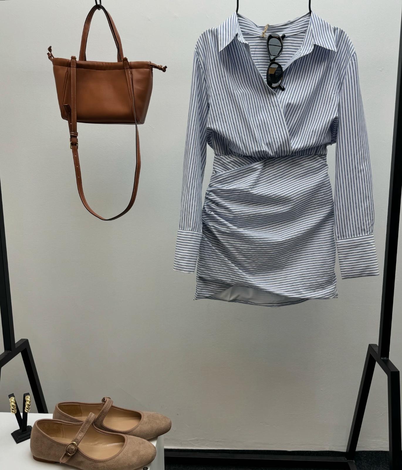 GÖMLEK FORMLU MAVİ ÇİZGİLİ ELBİSE