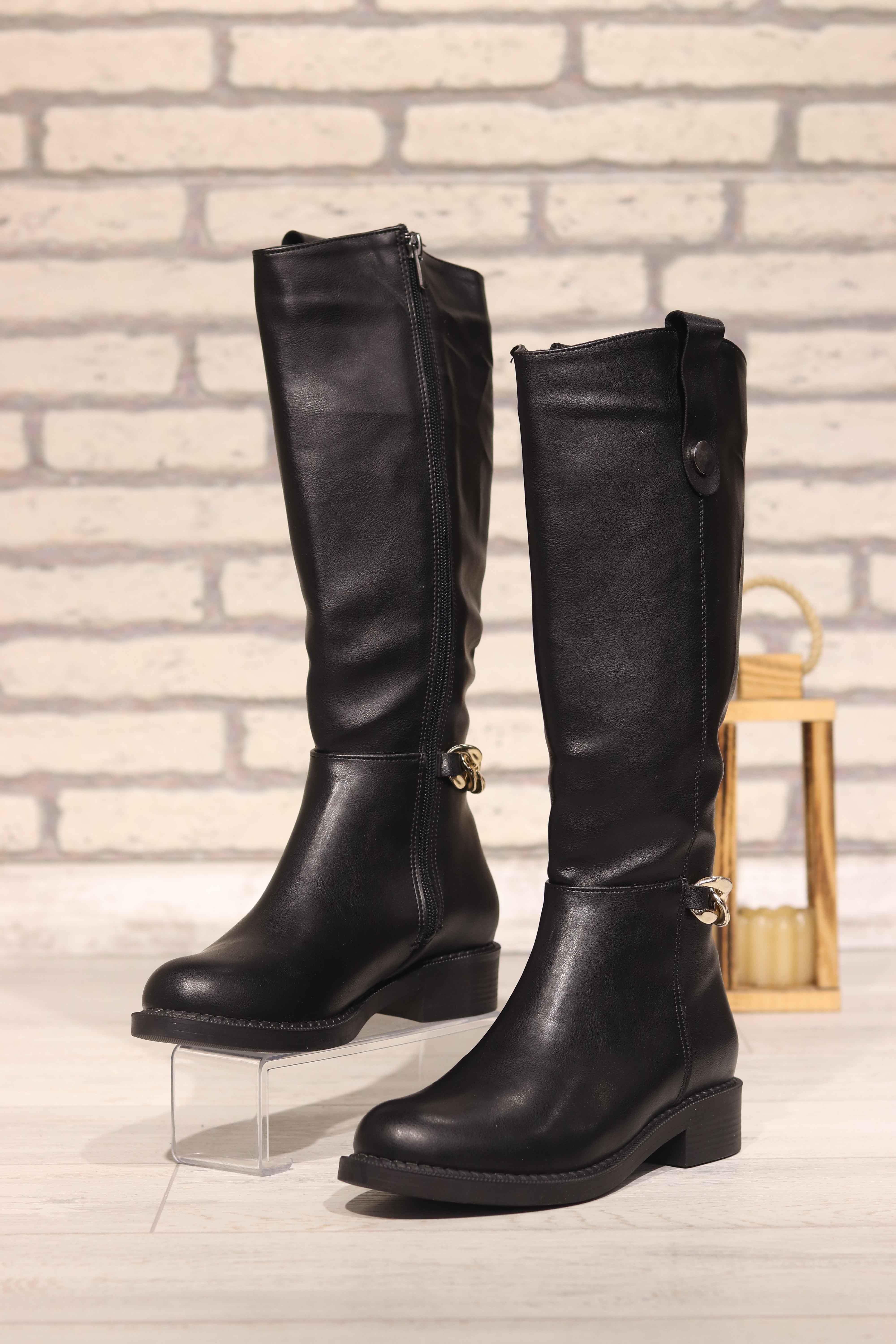 Arkası Zincir Detaylı Dizaltı Kadın Çizme 310 - SIYAH