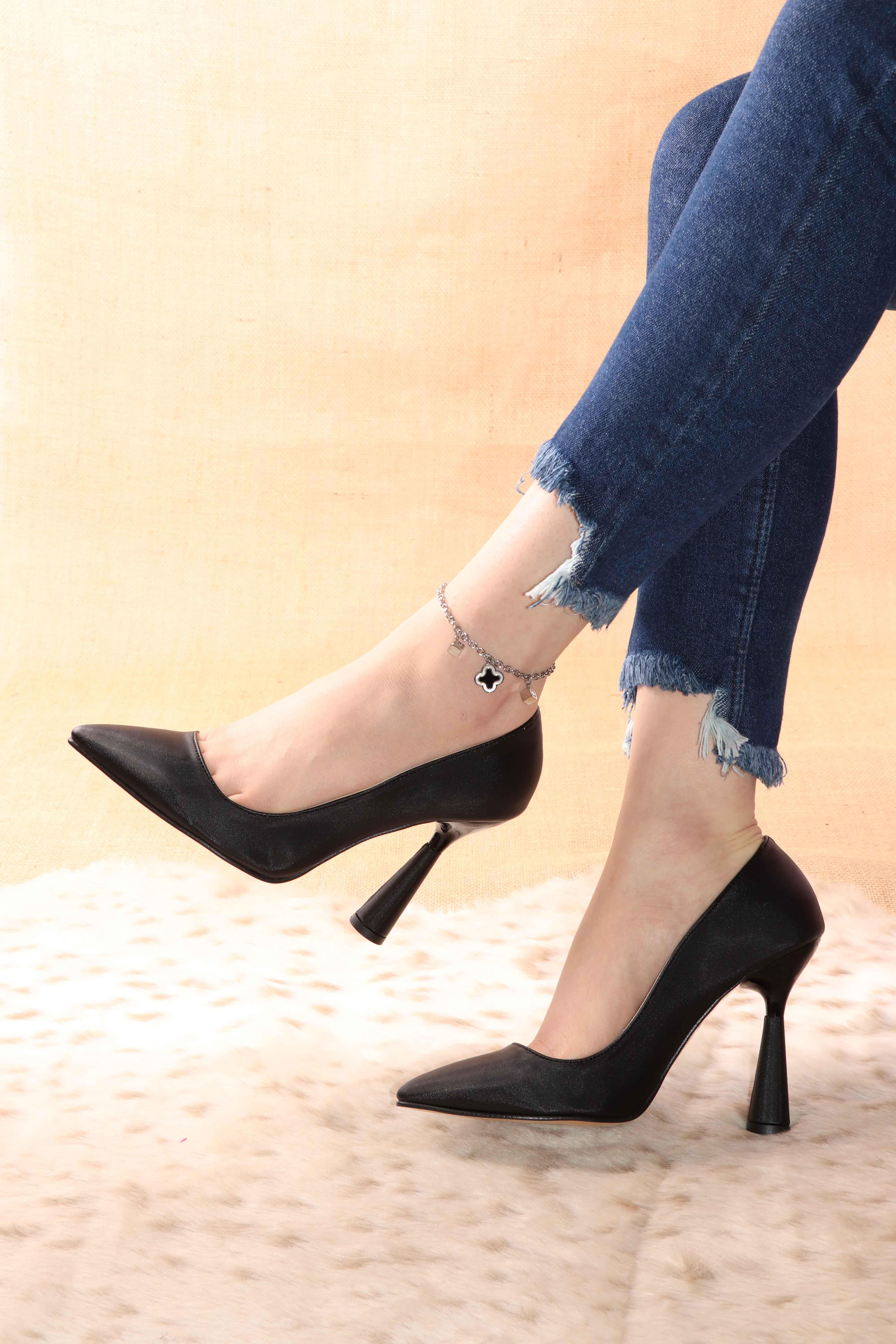 Deri Kabusu Saten Kadın Stiletto Ayakkabı Mj-101 - SIYAH
